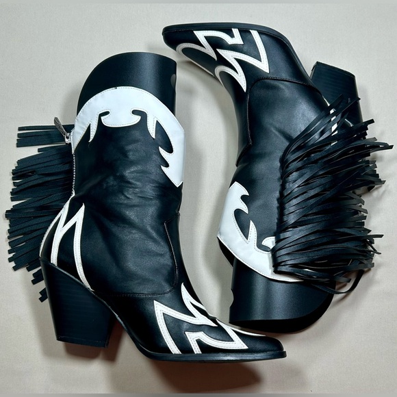 NFS CAPE ROBBIN BLACK WHITE MIX MARQUE WESTERN FRINGE COWBOY POINTY TOE BOOTS - Picture 4 of 14